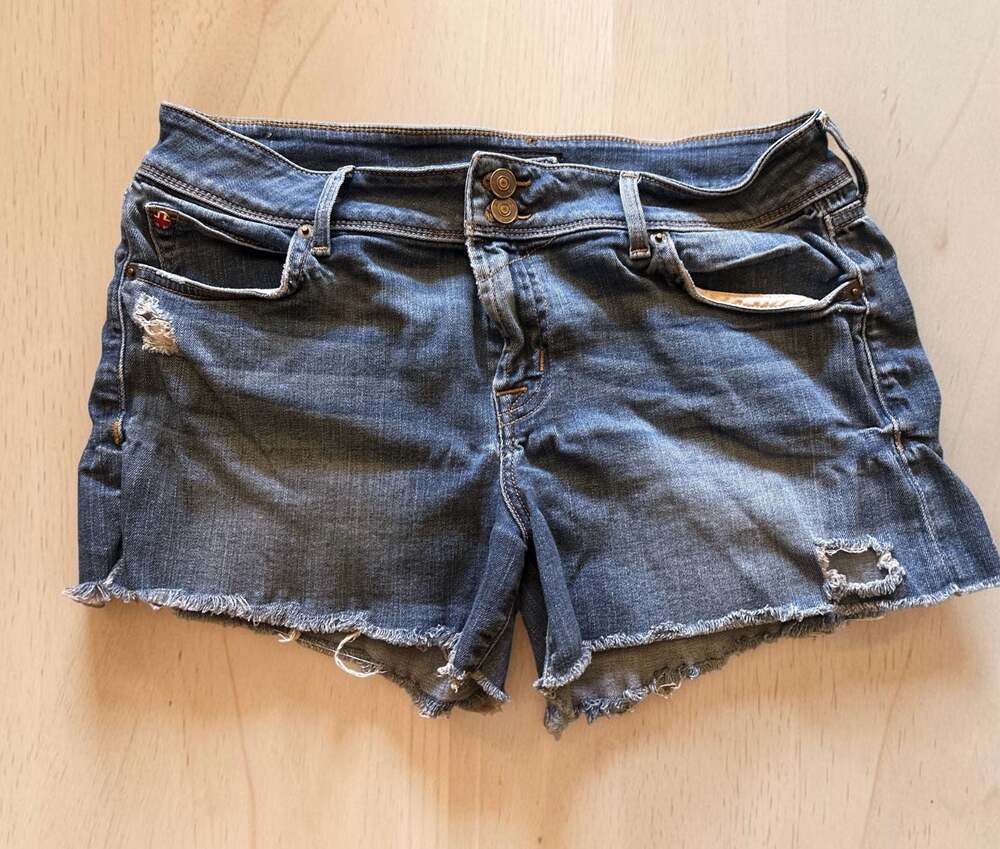 Hudson Jeans Distressed Raw Hem Mid-Rise Denim Cut-Off Shorts with Flap Pockets